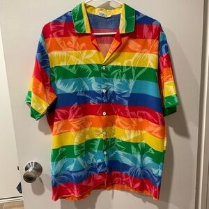 Large rainbow Striped Hawaiian Men's short sleeve Shirt surf beach skate pride